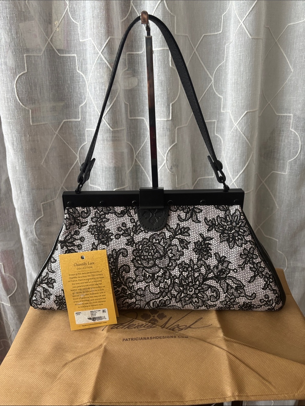 Patricia Nash Black and Cream Lace-Overlay Shoulder Bag